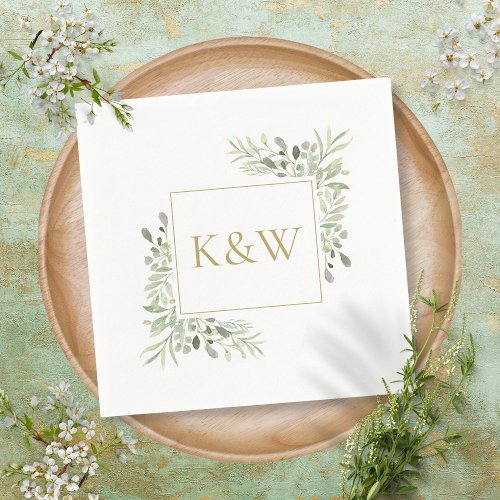 Elegant Gold Monogram Greenery Foliage Wedding Napkins