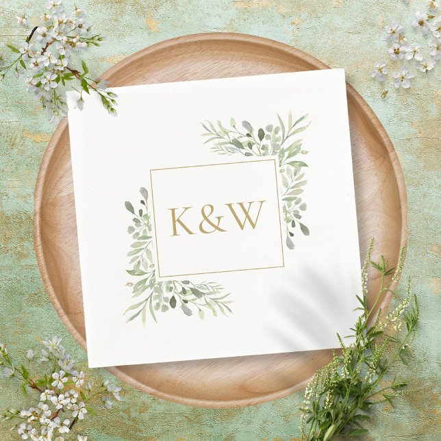 Elegant Gold Monogram Greenery Foliage Wedding Napkins (Creator Uploaded)