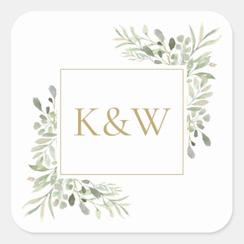 Elegant Gold Monogram Greenery Foliage Wedding Square Sticker