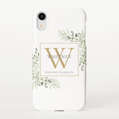 Elegant Gold Monogram Greenery iPhone XR Case