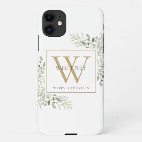 Elegant Gold Monogram Greenery iPhone 11 Case