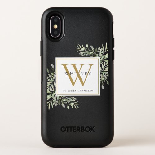 Elegant Gold Monogram Greenery OtterBox Symmetry iPhone X Case