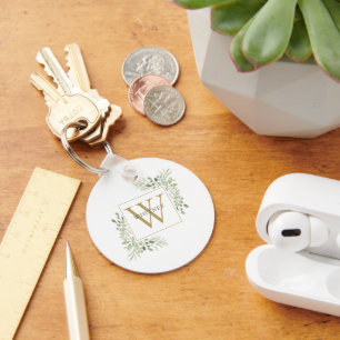 Elegant Gold Monogram Greenery Personalized Keychain