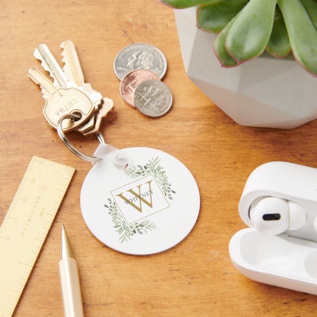 Elegant Gold Monogram Greenery Personalized Keychain (Desk)