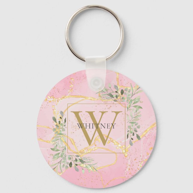 Elegant Gold Monogram Greenery Pink Agate Geode Keychain (Front)