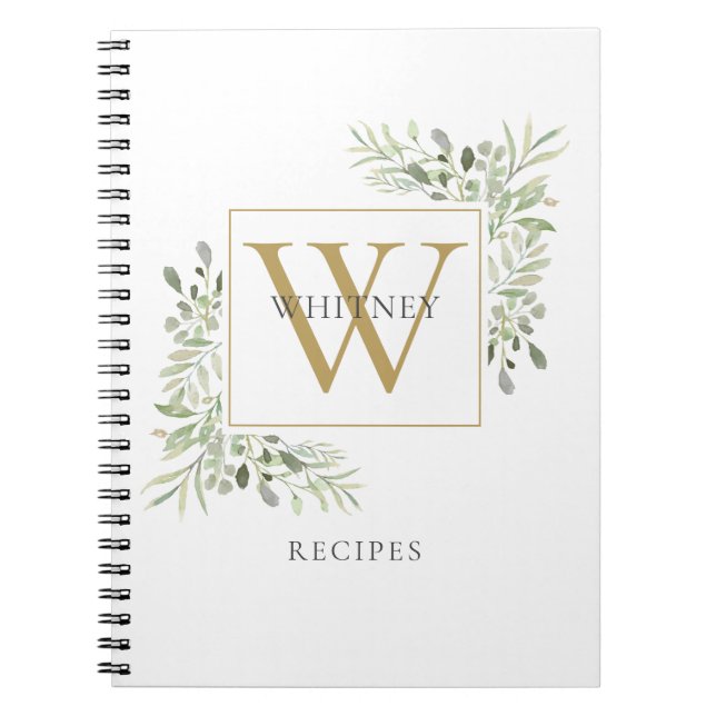 Elegant Gold Monogram Greenery Recipe Cookbook Notebook (Front)