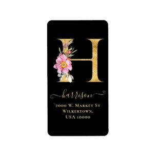 Elegant Gold Monogram H Floral Address Label
