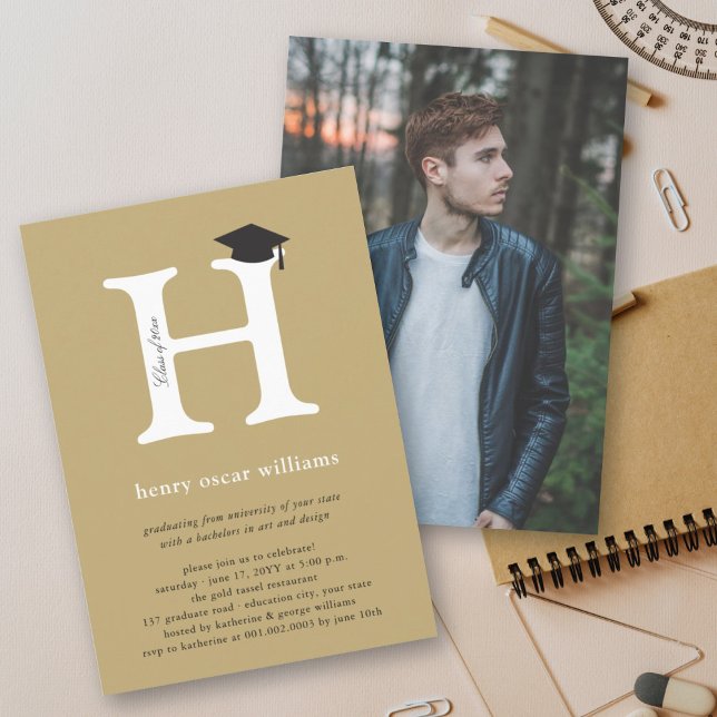 Elegant Gold Monogram 'H' Senior Graduation Cap Invitation (Creator Uploaded)