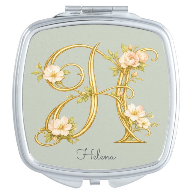 Elegant Gold Monogram H with Blush Flowers  Compact Mirror (Front)