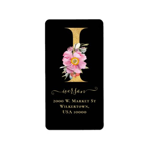 Elegant Gold Monogram I Floral Address Label