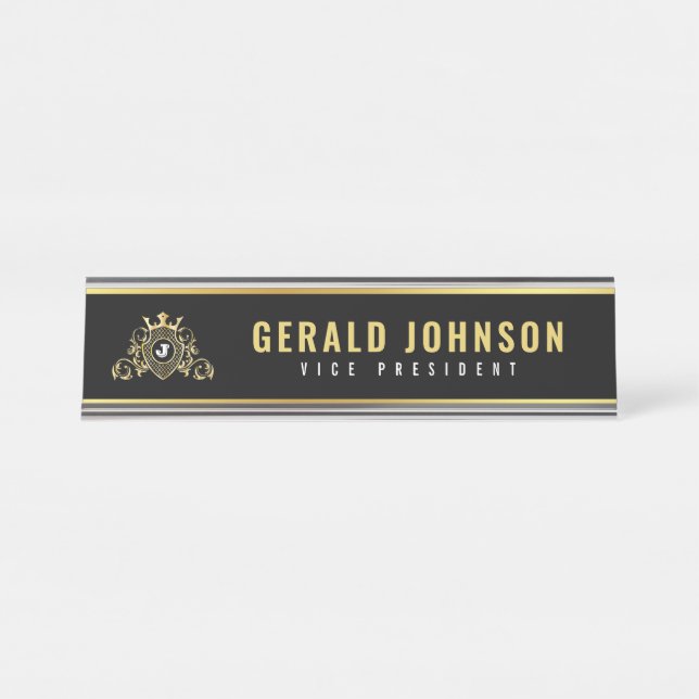 Elegant Gold Monogram Initial Design Desk Name Plate (Front)