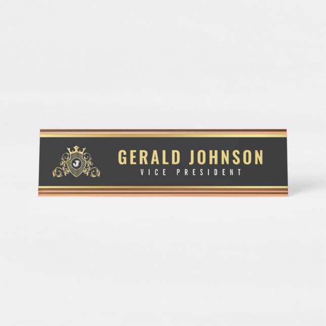 Elegant Gold Monogram Initial Design Desk Name Plate (Front)