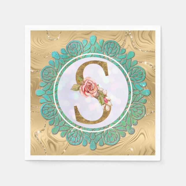 Elegant Gold Monogram Initial Letters with Mandala Napkins (Front)