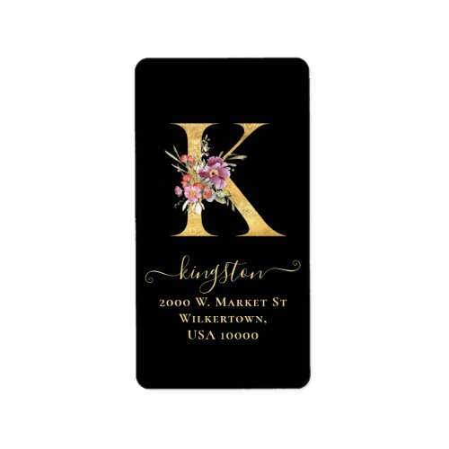 Elegant Gold Monogram k Floral Address Label