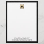 Elegant Gold Monogram Letterhead<br><div class="desc">Elevate your legal correspondence with our Custom Gold Monogram Business Letterhead. Featuring a brushed gold monogram initial at the top and firm name, along with contact information, in black classic typography elegantly positioned in the lower thirds, all framed in a sophisticated black textured print. The back showcases a smaller brushed...</div>