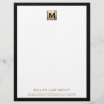 Elegant Gold Monogram Letterhead<br><div class="desc">Elevate your legal correspondence with our Custom Gold Monogram Business Letterhead. Featuring a brushed gold monogram initial at the top and firm name and contact information in classic golden typography elegantly positioned in the lower thirds, all framed in a sophisticated black textured print. Designed for law firms, attorneys, and legal...</div>