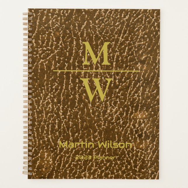 Elegant Gold Monogram Luxe Texture Gold Lettering Planner (Front)