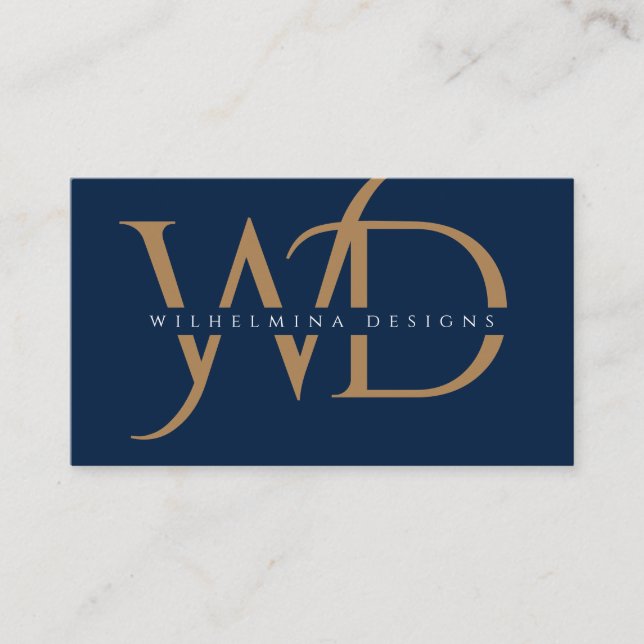 Elegant Gold Monogram Luxury Typography Dark Blue Business Card (Front)