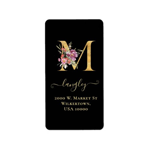 Elegant Gold Monogram M Floral Address Label