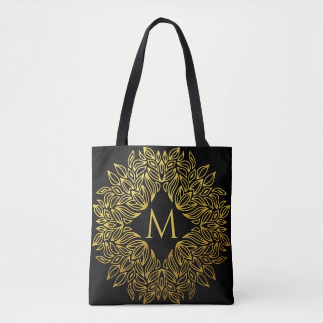 Elegant Gold Monogram Mandala Luxury Tote Bag (Front)