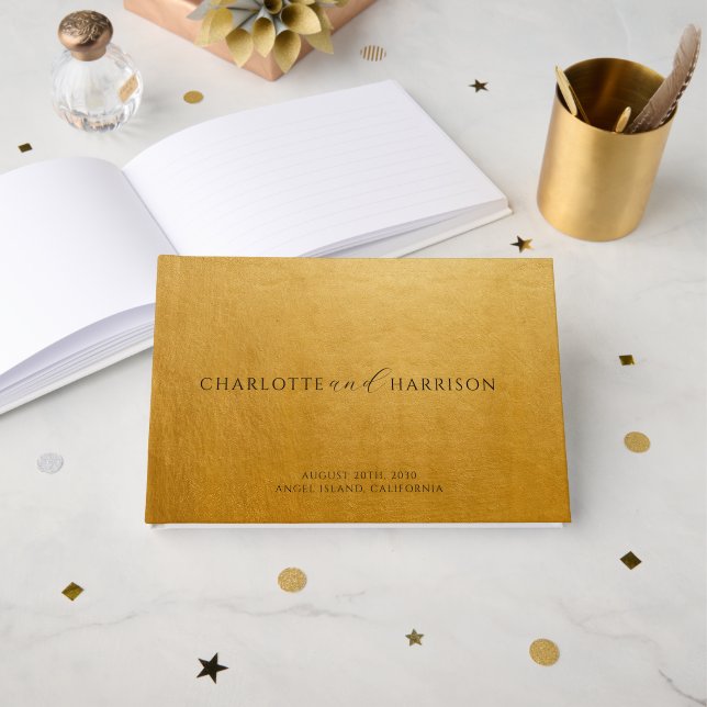 Elegant Gold Monogram Minimalist Wedding Guest Book (Front Open)