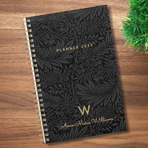 Elegant Gold Monogram Name Black Floral 2026 Planner
