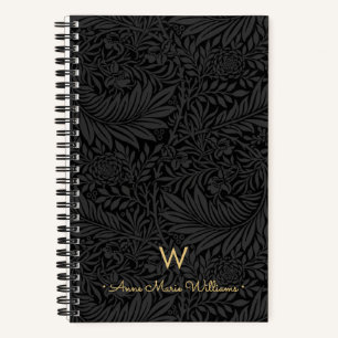 Elegant Gold Monogram Name Black Floral Pattern Notebook