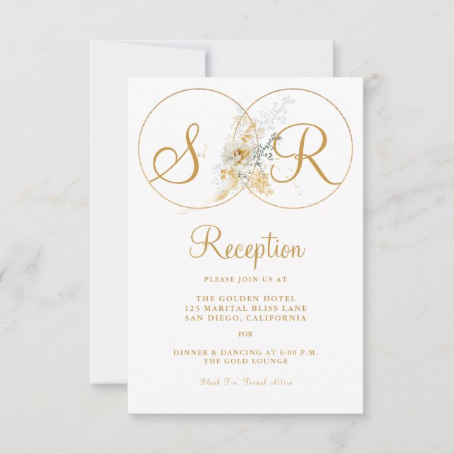 Elegant Gold Monogram Name Initial Reception Card (Front)