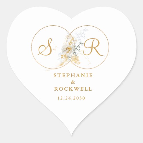 Elegant Gold Monogram Name Initial Wedding  Heart  Heart Sticker