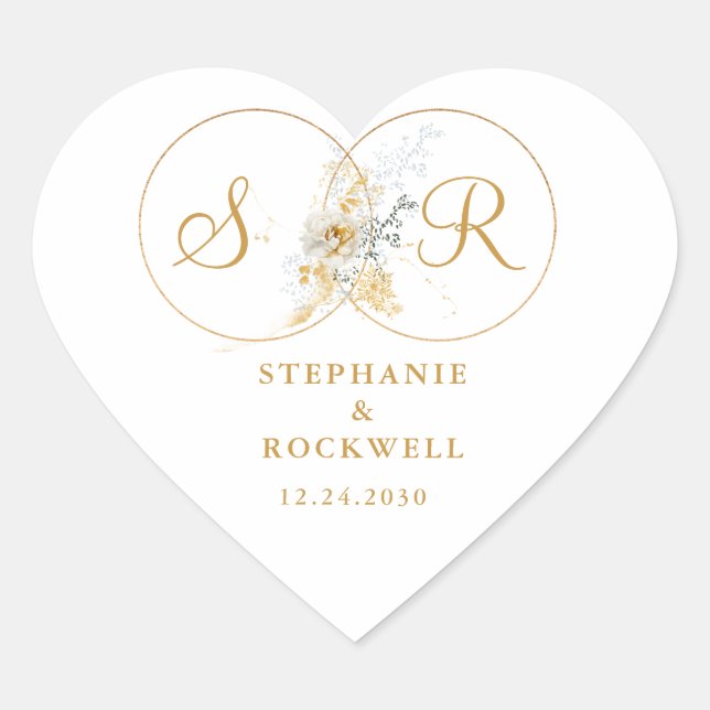 Elegant Gold Monogram Name Initial Wedding  Heart  Heart Sticker (Front)