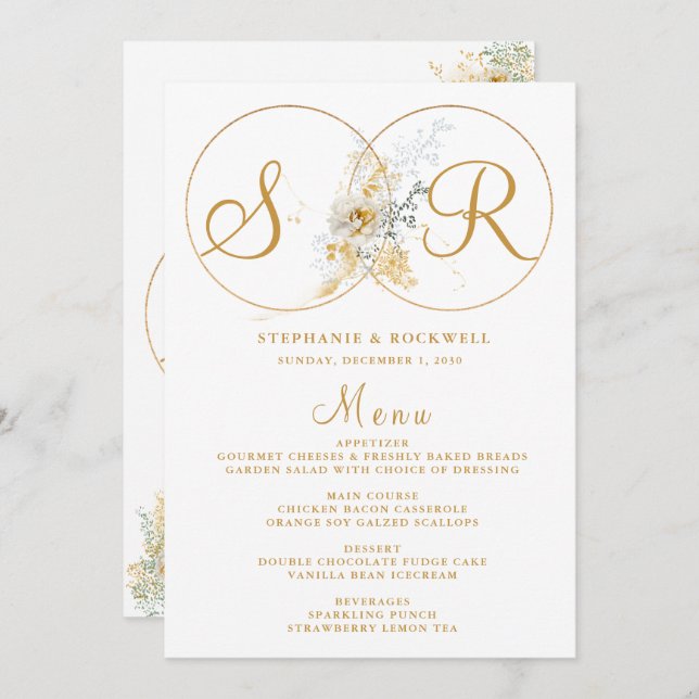 Elegant Gold Monogram Name Initial Wedding Menu (Front/Back)