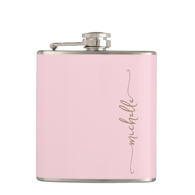 Elegant Gold Monogram Name Script Blush Pink Flask (Front)
