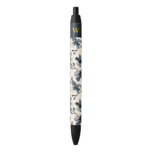 Elegant Gold Monogram Navy Blue Floral Pattern Pen