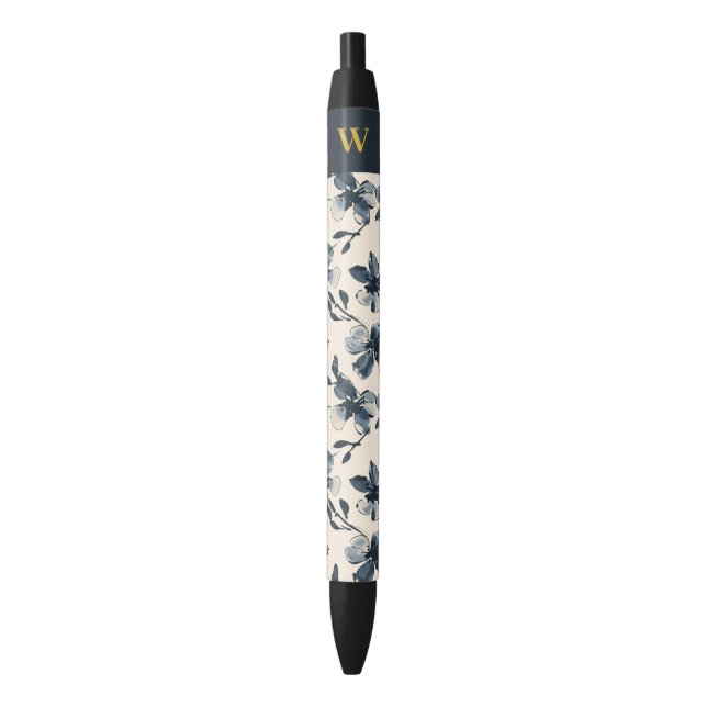 Elegant Gold Monogram Navy Blue Floral Pattern Pen (Front Vertical)