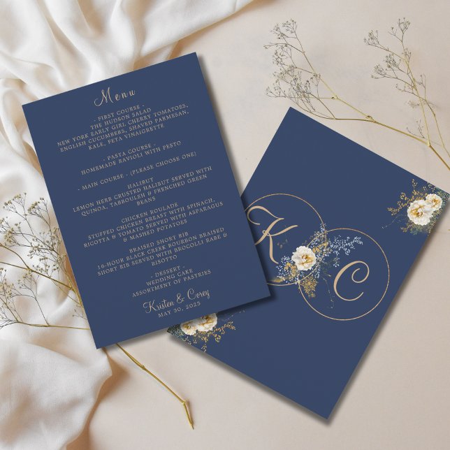 Elegant Gold Monogram Navy Blue Wedding  Menu (Creator Uploaded)