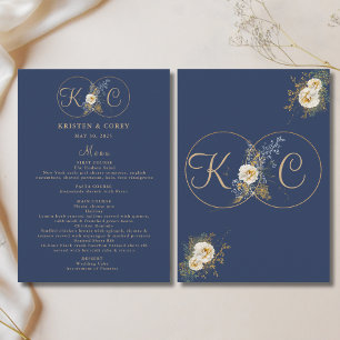 Elegant Gold Monogram Navy Blue Wedding Menu