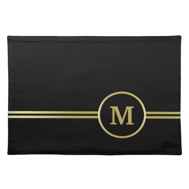 Elegant gold Monogram on black Cloth Placemat (Front)