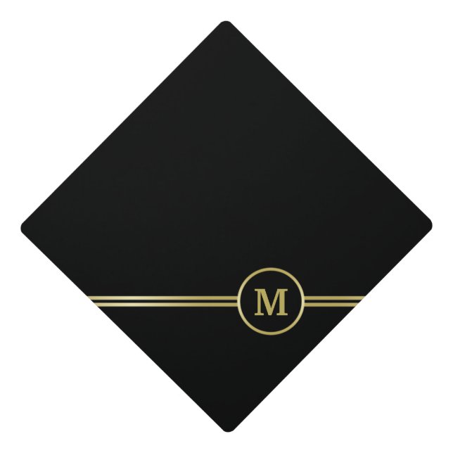 Elegant gold Monogram on black  Graduation Cap Topper (Front)