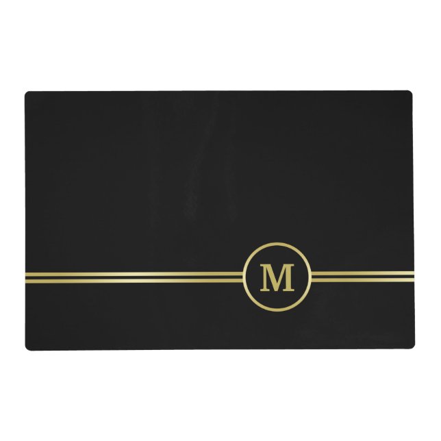 Elegant gold Monogram on black Placemat (Front)