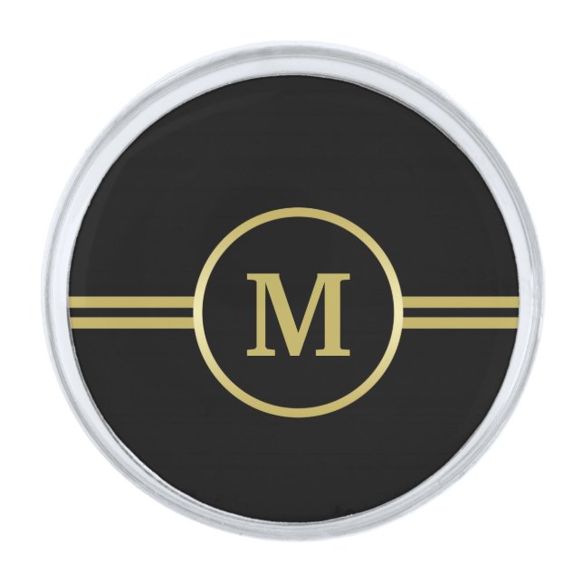 Elegant gold Monogram on black  Silver Finish Lapel Pin (Front)