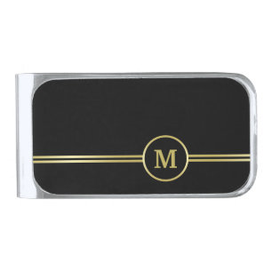 Elegant gold Monogram on black  Silver Finish Money Clip