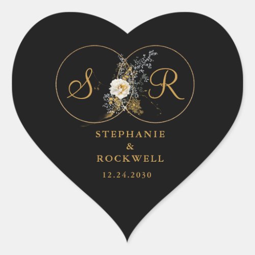 Elegant Gold Monogram On Black Wedding Heart Sticker