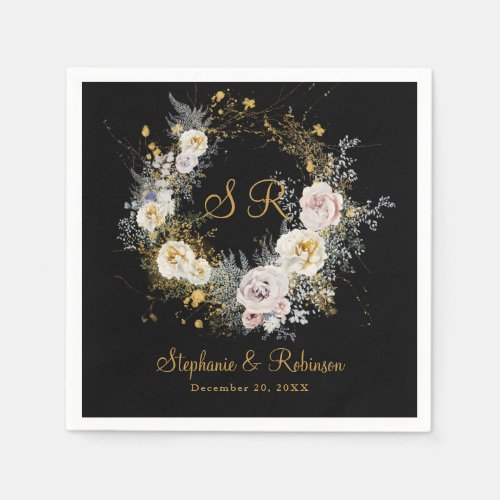 Elegant Gold Monogram On Black Wedding Paper  Napkins