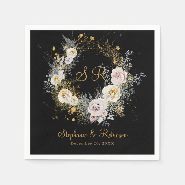Elegant Gold Monogram On Black Wedding Paper  Napkins (Front)