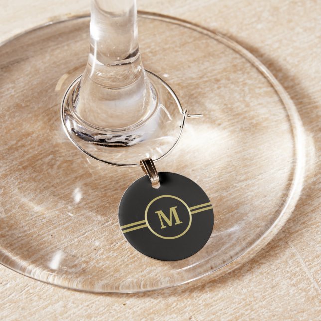 Elegant gold Monogram on black Wine Charm (In Situ)