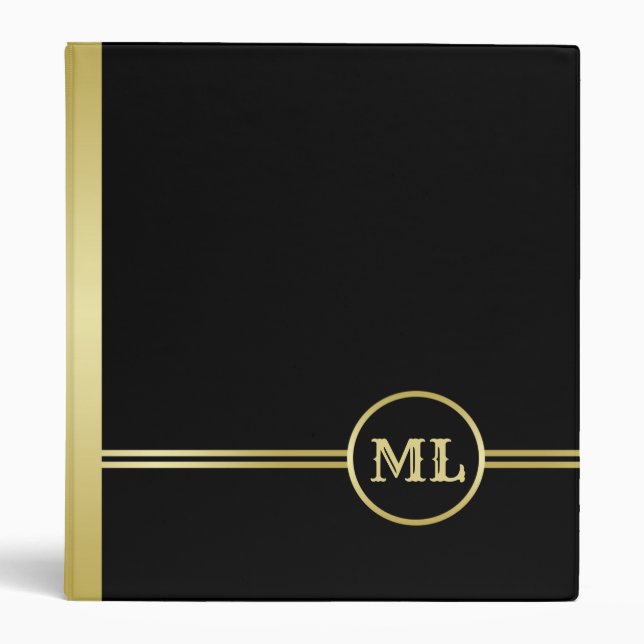 Elegant gold Monogram on black with gold 3 Ring Binder (Front)