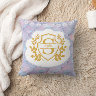 Elegant Gold Monogram Pearl and Scale Mermaid Throw Pillow