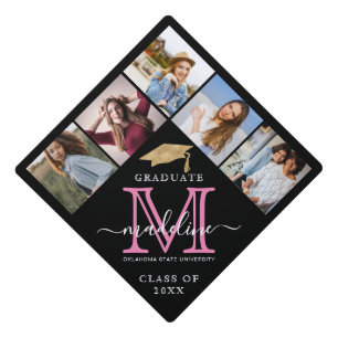 Elegant Gold Monogram Pink 5 Photo Class of Graduation Cap Topper