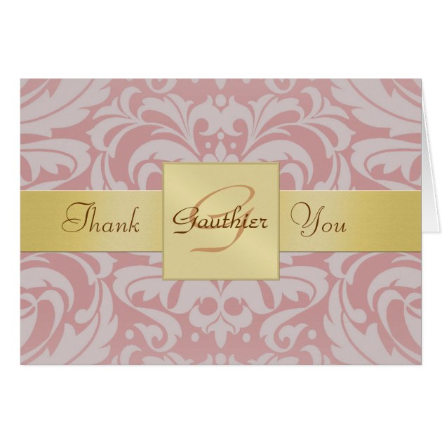 Elegant Gold Monogram Pink Damask Thank You Card