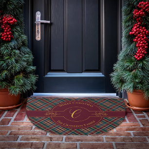 Elegant Gold Monogram Plaid Christmas Holiday Doormat